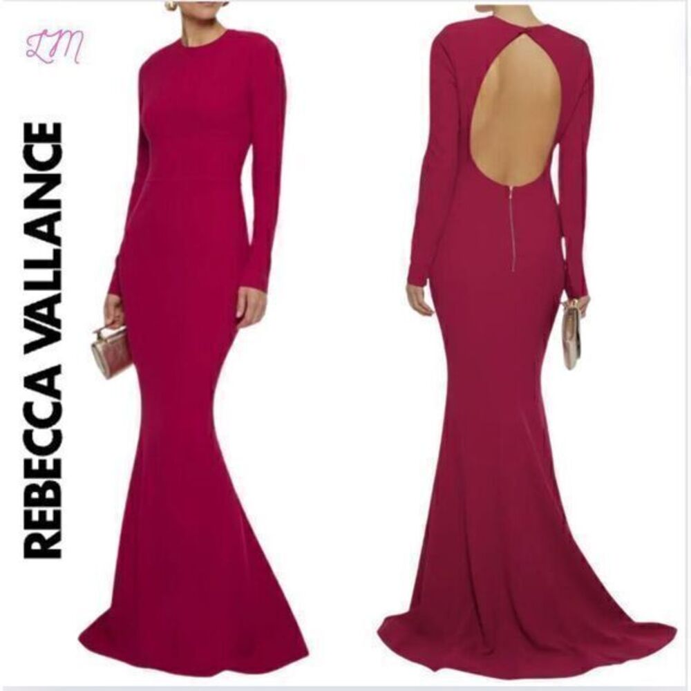 Rebecca Vallance‎ Bree Long Sleeve Open Back Crepe Gown Barberry Magenta Pink 6